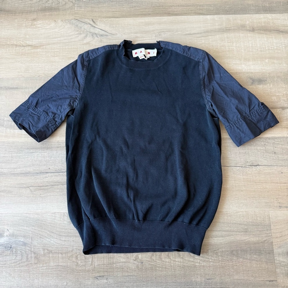 Marni Navy Blue Mixed Media Cotton Poplin Knit Short Sleeve Top - size 2 (IT 38) - Picture 2 of 7